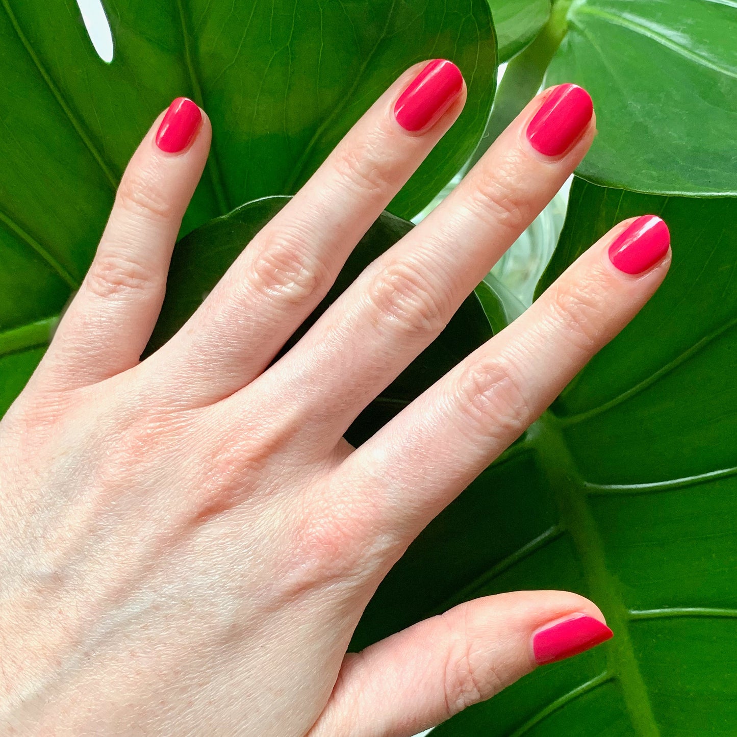 Hand with nails coated in vivid XOXO hot pink polish showcasing a smooth, long-lasting manicure over green leaves background