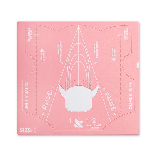 Single pink Easy Fit Nail Forms Pack sheet with white guiding lines and instructions for natural nail extensions by Olive and June