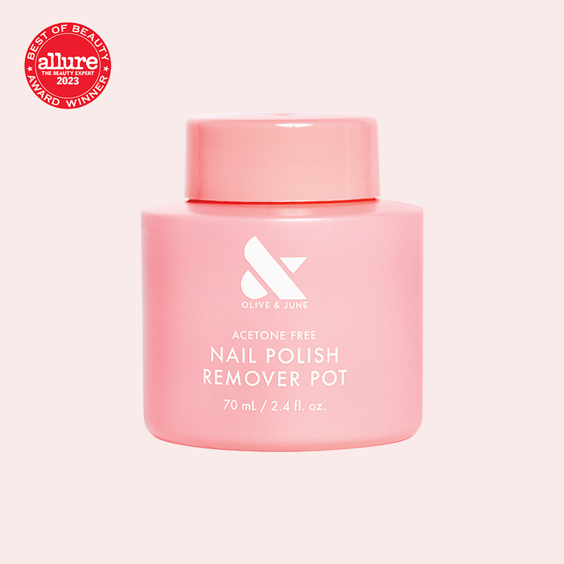 Pink Olive and June Polish Remover Pot with acetone-free formula for fast, no-mess at home mani and pedicure polish removal