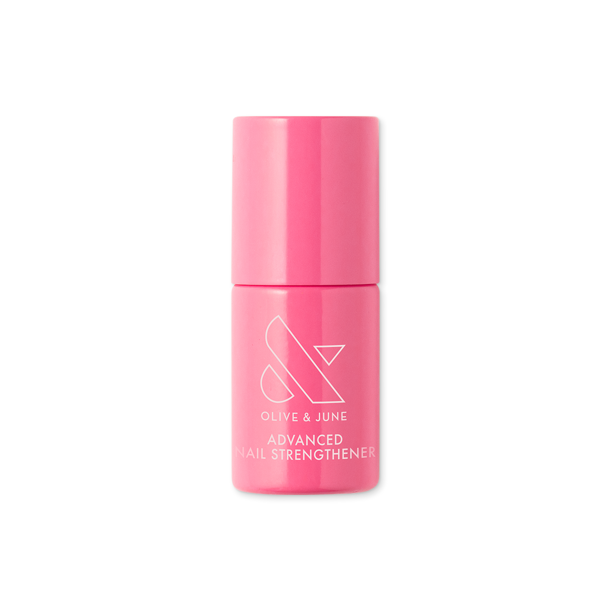 Bright pink bottle of Olive and June Advanced Nail Strengthener designed to support stronger nails and growth.