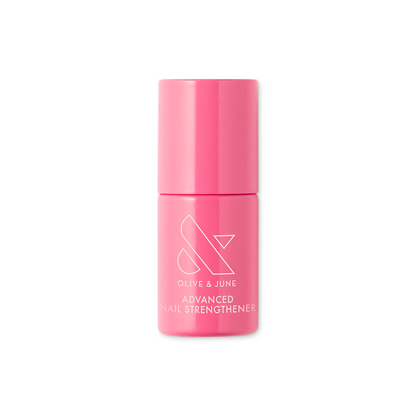 Bright pink bottle of Olive and June Advanced Nail Strengthener designed to support stronger nails and growth.