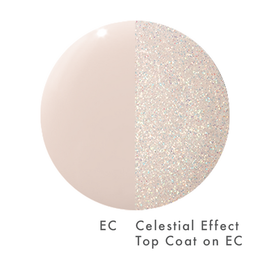 The Celestial Effect Top Coat shown with a smooth nude base and sparkling micro-shimmer finish for a radiant mani