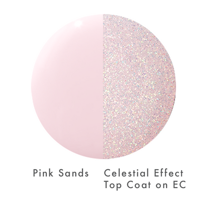 The Celestial Effect Top Coat shown layered over Pink Sands polish for a sparkling manicure finish