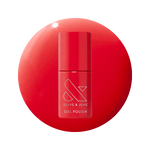 Bottle of Field Day - Gel polish in vibrant watermelon red shade on matching red background