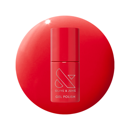 Bottle of Field Day - Gel polish in vibrant watermelon red shade on matching red background