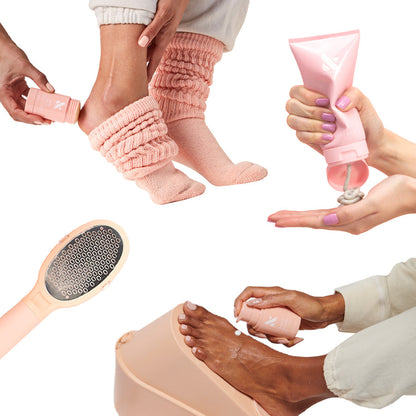 Foot Care Essentials Set with foot serum, heel balm, mani + pedi scrub, and foot file for soft, cared-for feet