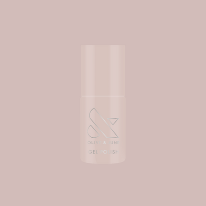 Bottle of LHG - Gel polish in muted grey neutral with a subtle pink undertone on soft matching background