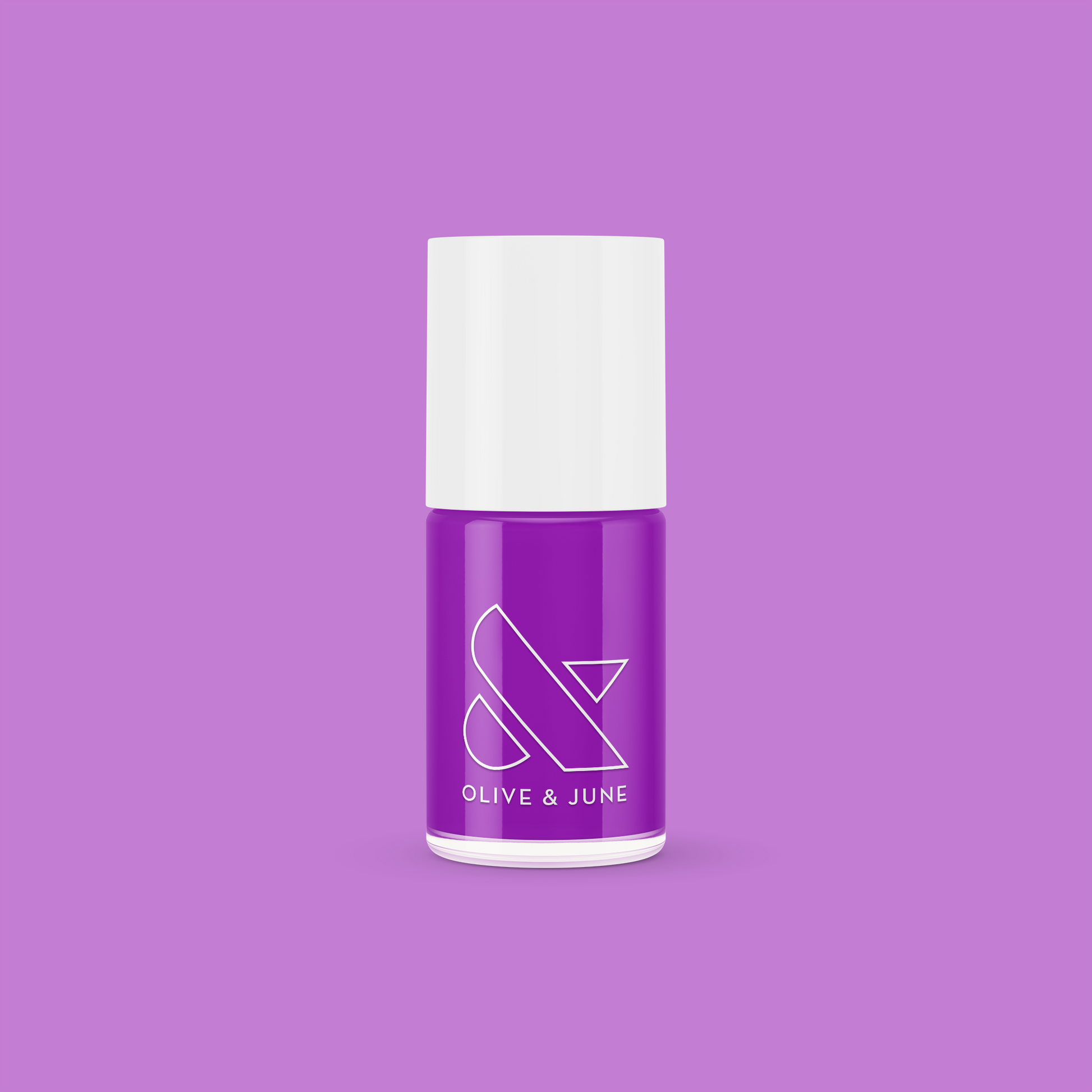 Grape Soda nail polish bottle in bright neon purple with Olive and June logo on solid purple background
