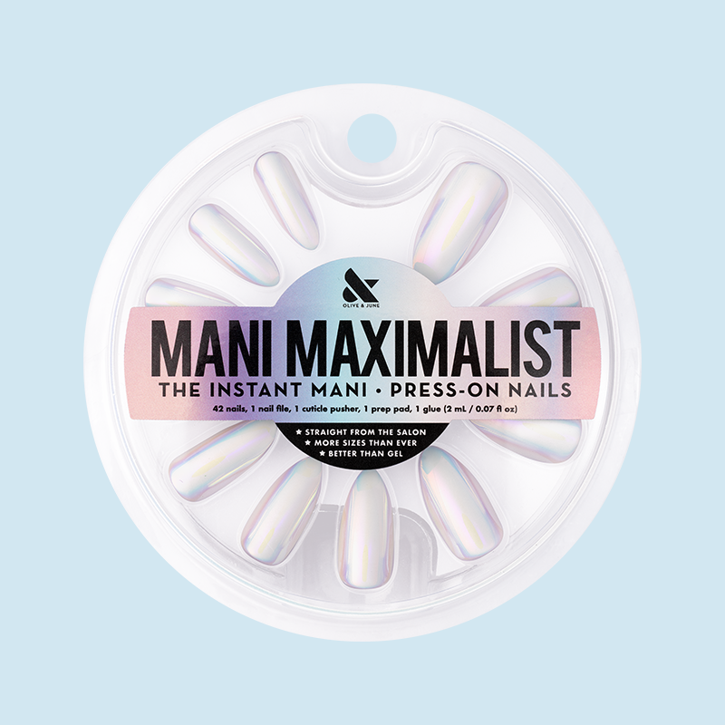Iridescent Chrome - Press-On | Long | Almond showing long almond false nails with shiny white iridescent chrome finish in round clear packaging