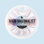 Iridescent Chrome - Press-On | Long | Almond showing long almond false nails with shiny white iridescent chrome finish in round clear packaging