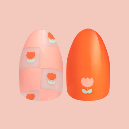 Mixed Quilt Print - Press-On | Short | Almond with floral quilt pattern and solid tulip design for easy at home mani
