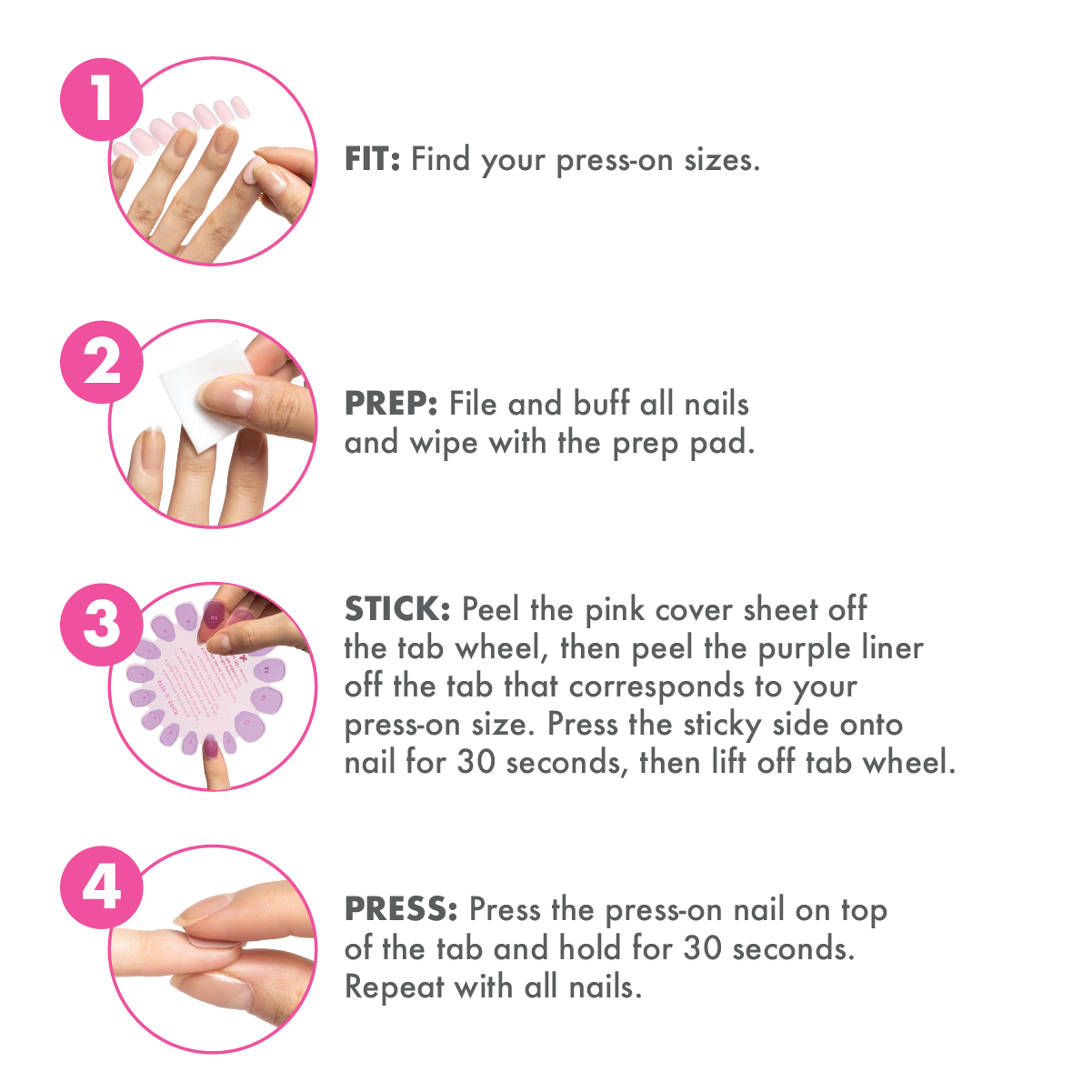 Super Stick Tab Pack showing step-by-step instructions for prepping and applying press-on nails with adhesive tabs