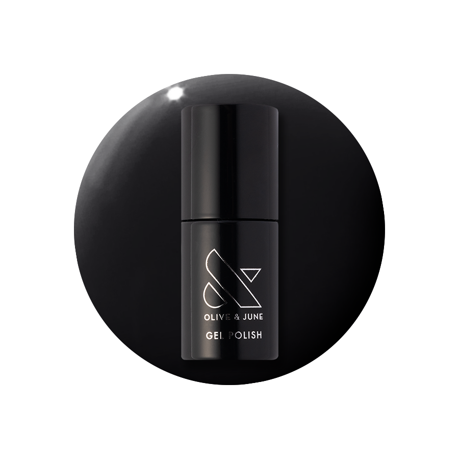 E+M - Gel black polish bottle on a matching deep black gel polish drop for a sleek manicure by Olive and June