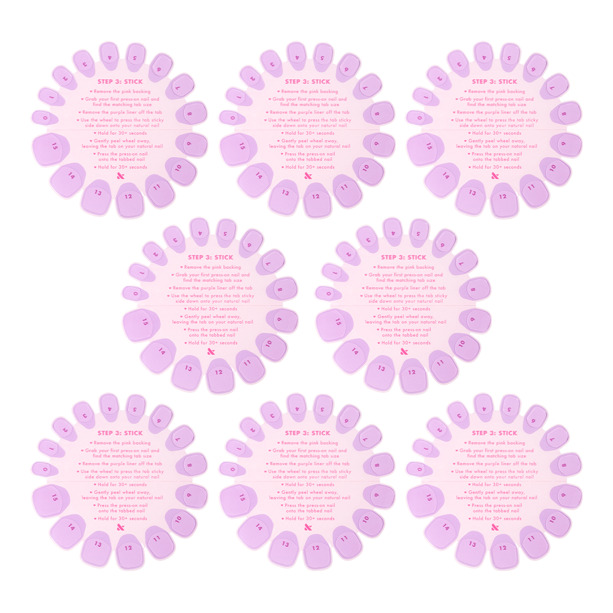 Super Stick Tab Pack showing eight pink adhesive nail tab wheels with application instructions for press-on mani use