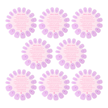 Super Stick Tab Pack showing eight pink adhesive nail tab wheels with application instructions for press-on mani use