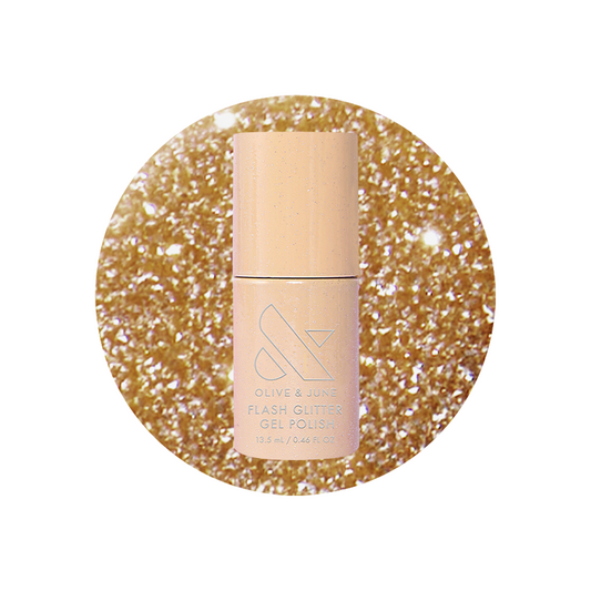 Pop Fizz Mani Gel bottle with sparkling yellow gold flash glitter polish for bright at-home manicures