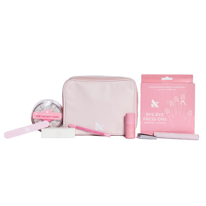 Press-On System - 4 Sets with pink storage pouch, nail tools, polish, and remover kit for easy at-home manicure care