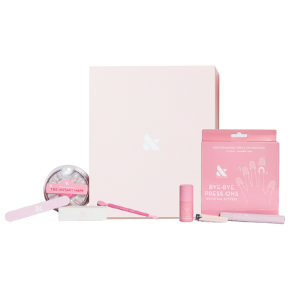 Press-On System - 4 Sets with reusable removal tools, nail prep brush, and storage box for easy at-home manicure care