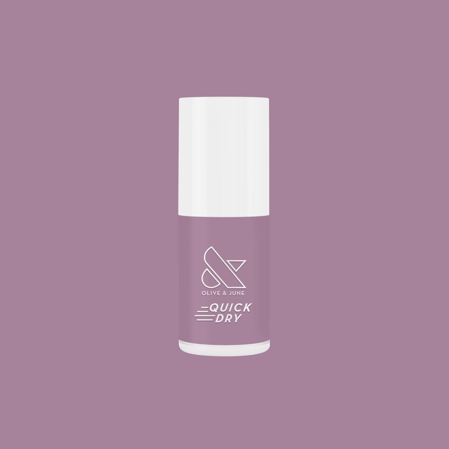 Bottle of Dreamy sheer milky pastel lavender quick dry gel polish by Olive and June on a matching lavender background