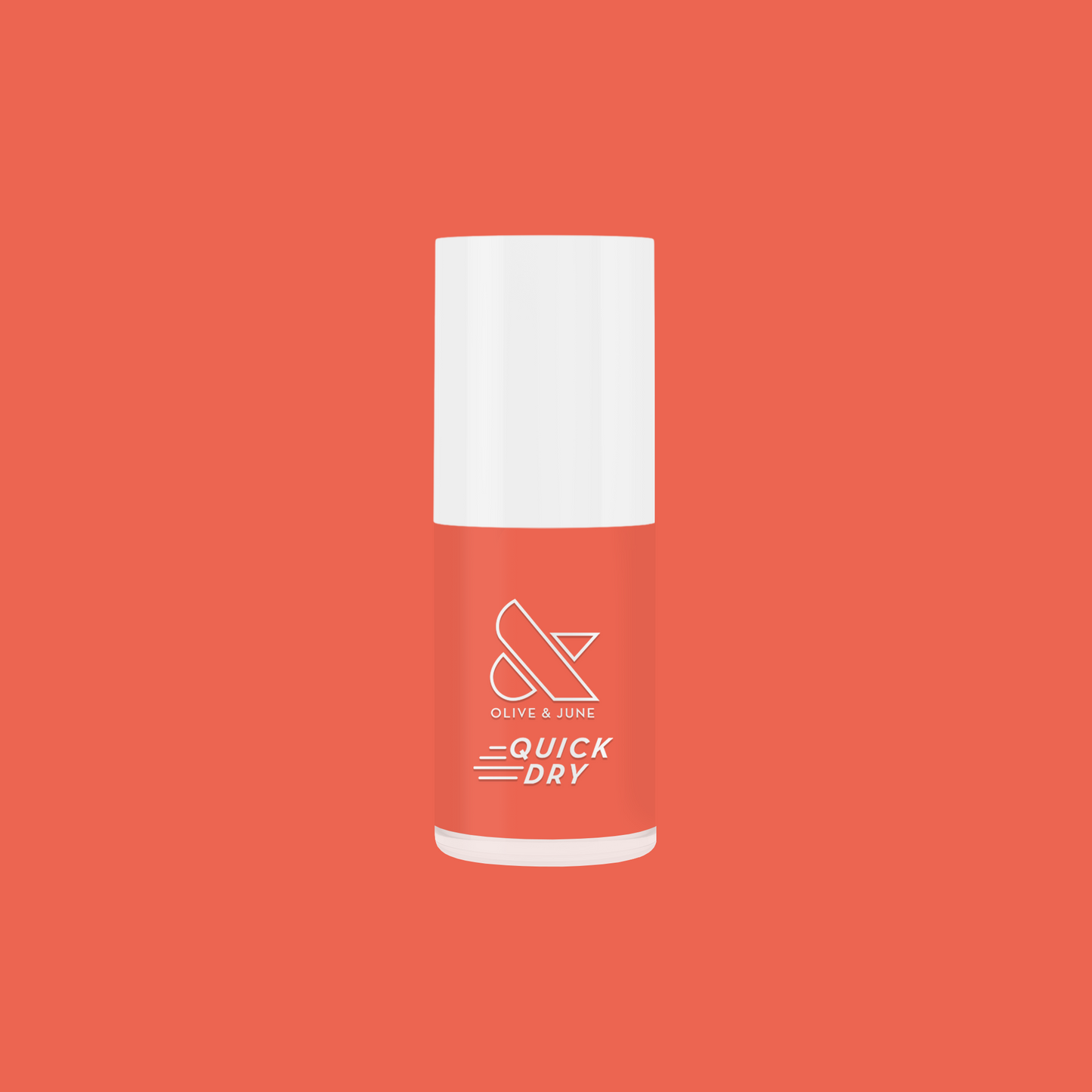 Frolic bright orangey coral quick dry gel polish bottle on solid matching coral background