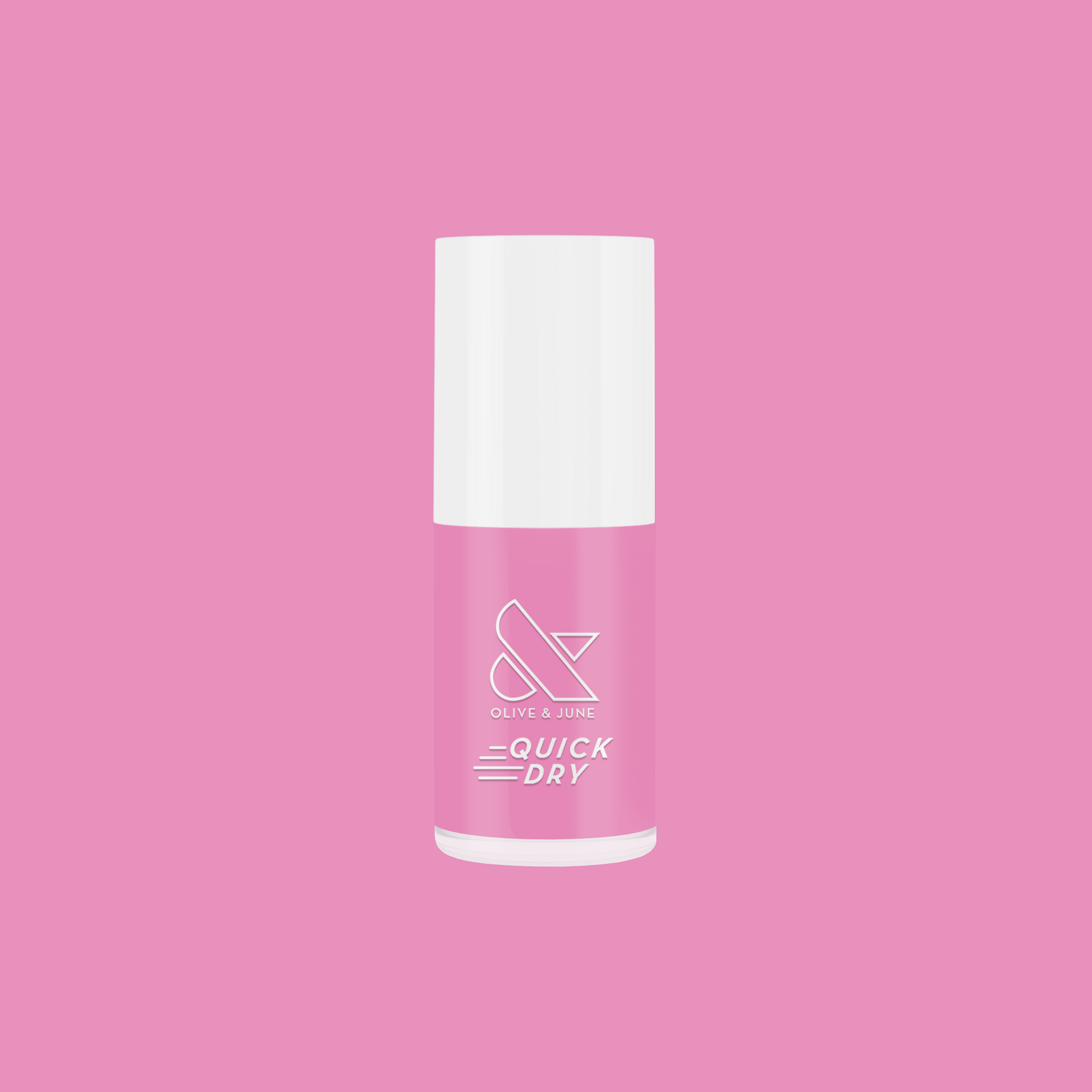 Bottle of Taffy quick dry gel polish in bright pink by Olive and June on a solid pink background