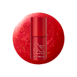 Bottle of Rodeo Queen - Gel polish in bright pinky-red with silver shimmer by Olive and June on glittery background