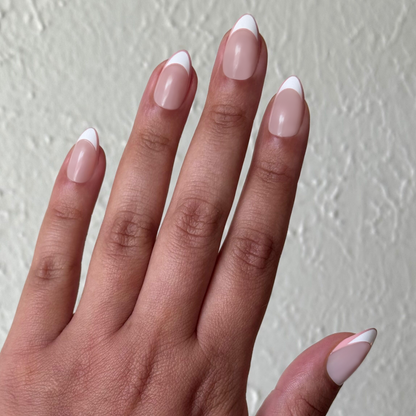 Study Hall Open French - Press-On | Medium | Almond nails with elegant white tips and soft pink base for easy at-home manicure