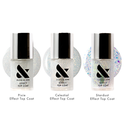 Top Coat Effects Trio with three shimmer top coats named Pixie, Celestial, and Stardust for enhancing manicures.