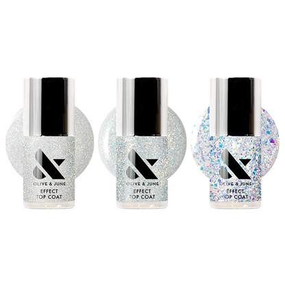 Speedy + Sparkly Top Coats Set featuring three glittery effect nail polishes for enhancing at-home manicures with sparkle and shine