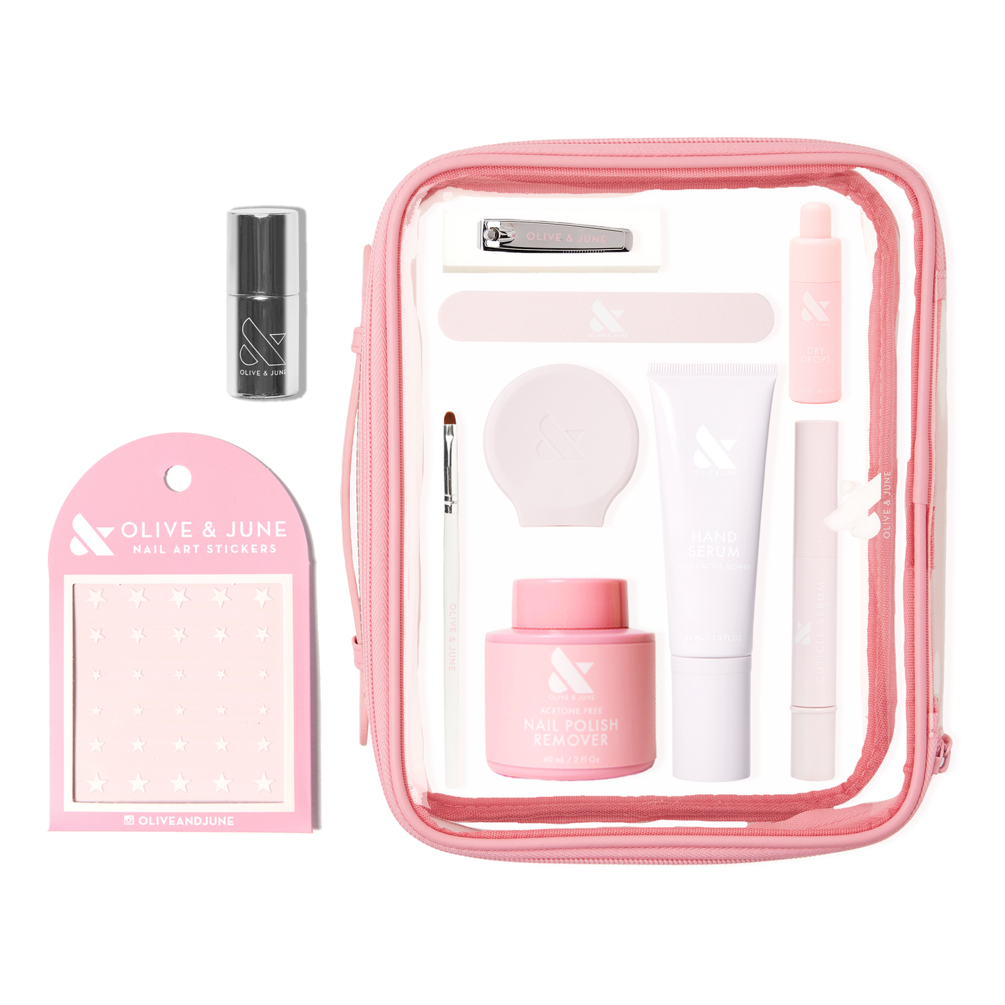 The Mani Weekender - 1 Polish kit with nail polish remover, hand serum, nail clipper, stickers, and clear pink pouch