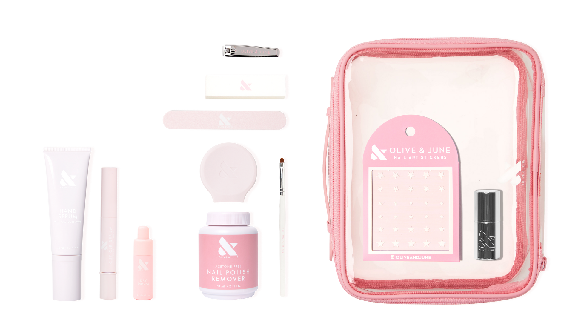 The Mani Weekender - 1 Polish kit with nail polish remover, hand serum, nail file, stickers, and tools in a clear pink pouch